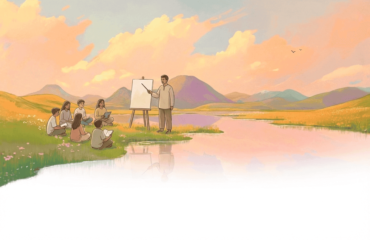 Illustration of teachers and learners gathered in a Namibian landscape