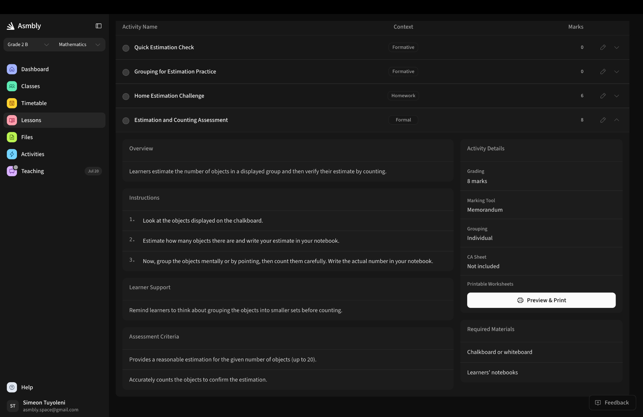 Asmbly activity and assessment details