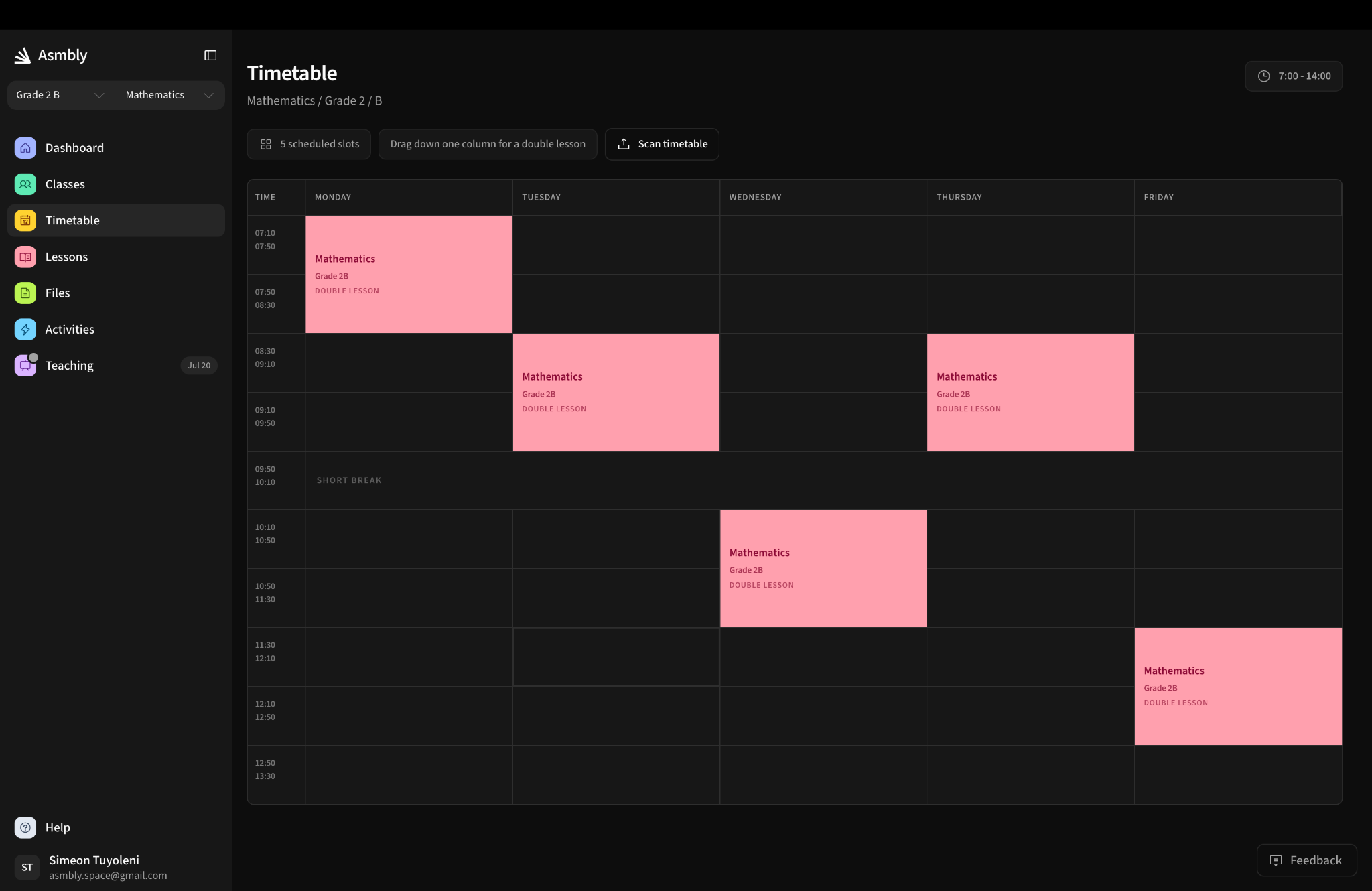 The Asmbly Planner timetable showing a teacher's real week of classes